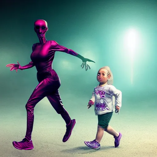 Image similar to alien next to salma haylek running from aliens