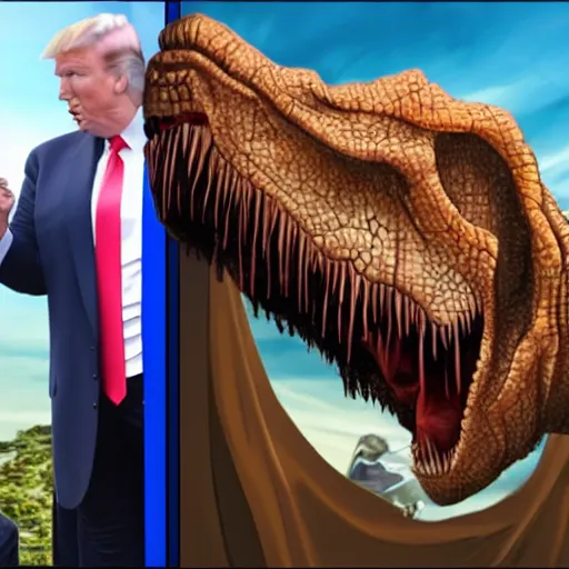 Prompt: Jesus and Donald Trump fighting off a T-Rex, 4k