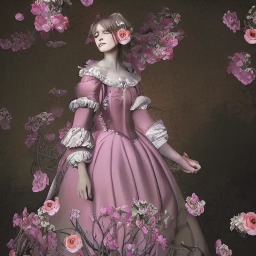 Image similar to 8 k, octane render, realism, tonalism, renaissance, rococo, baroque, portrait of a young - lady wearing long manga dress with flowers and skulls, cotton candy!! ( background chaotic flowers )