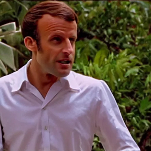 Prompt: Emmanuel Macron wearing Hawaiian shirt in American Psycho (1999)