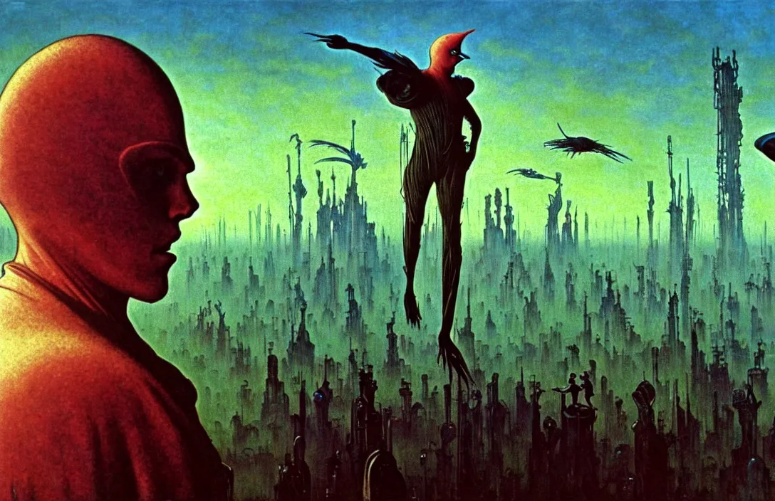 Image similar to extremely detailed portrait film shot of a birdman wearing dark ragged robes, scifi city sunrise landscape background by denis villeneuve, amano, yves tanguy, alphonse mucha, ernst haeckel, max ernst, roger dean, dramatic closeup composition, rich moody colours, blue eyes