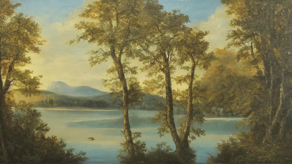 Prompt: Oil painting of a lake between a forest