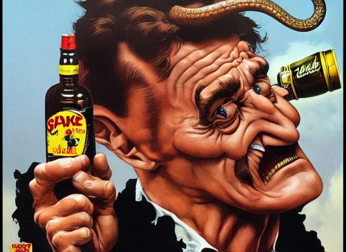 Image similar to barry chuckle drinking a bottle of snake oil, snake oil advertisement from 1 9 8 8, artwork by frank frazetta and richard corben, 3 d, high resolution 8 k