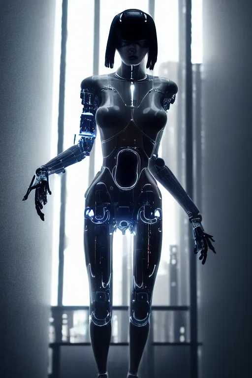 Image similar to cinematic shot of a cyborg woman with a porcelain body, perfect body, athletic, delft porcelain, led details, blade runner, ghost in the shell, futuristic, 8 k resolution, hyperdetailed, beautiful lighting, octane rendered, poser, photorealistic, exquisite details