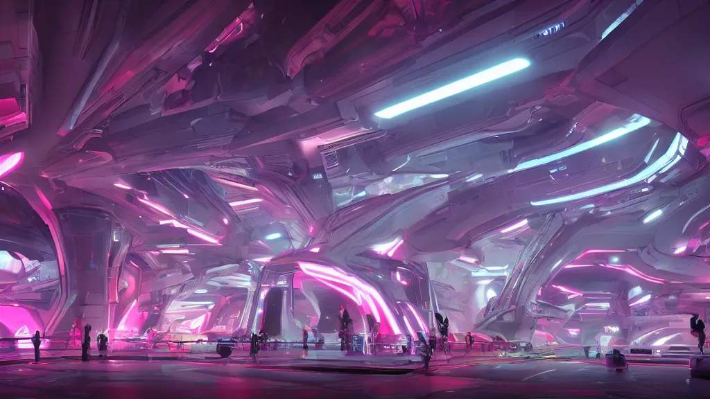 Image similar to sci-fi citadel, with exotic female alien gogo dancers standing on platforms, neon signs, modular shapes, contemporary aesthetic, like concept art on artstation, like zaha hadid