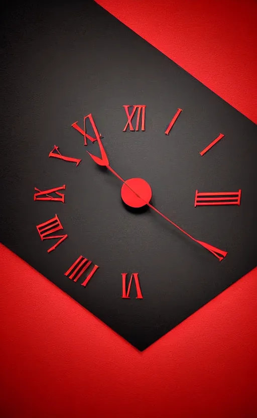 Image similar to a melting Roman numeral clock, behind a red and black gradient background, awith a black heart shaped on the top left corner and a black diamond card shape in the bottom right corner, dynamic lighting, photorealistic fantasy concept art, trending on art station, stunning visuals, cinematic, creative, ultra detailed