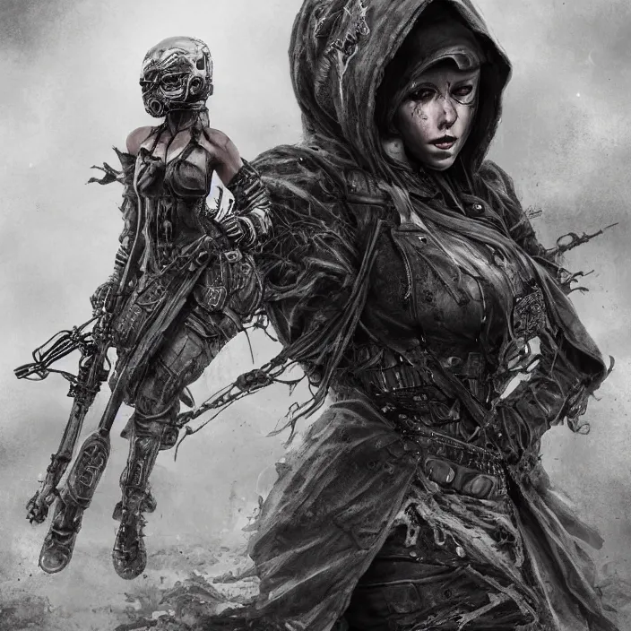 Image similar to beautiful apocalyptic woman in hooded cloak, standing on mad max panzer tank, hyper-detailed, smooth, sharp focus, 4k ultra hd, fantasy dark art, tank girl, artgerm, artstation, octane render, elegant, detailed digital painting, apocalyptic art