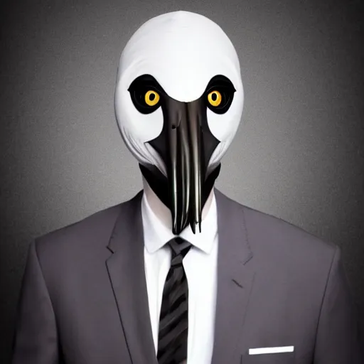 Prompt: stock photo of a man in a suit wearing a latex mask of a shoebill stork, realistic proportions, white background, rim lighting, dramatic