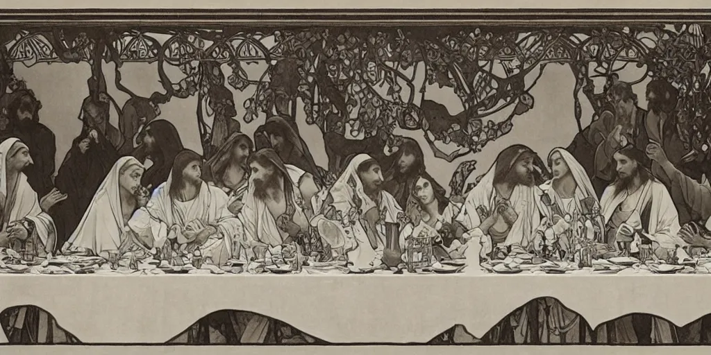 Image similar to the last supper,Alphonse Maria Mucha,elegant,highly detailed,smooth,sharp focus,illustration