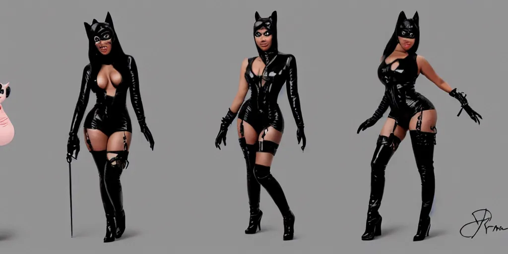 Image similar to nicki minaj as catwoman, character sheet, concept design, contrast, hot toys, kim jung gi, greg rutkowski, zabrocki, karlkka, jayison devadas, trending on artstation, 8 k, ultra wide angle, pincushion lens effect