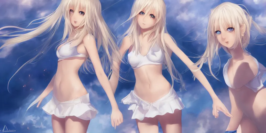 Image similar to tiny father a tall daughter picture : a very beautiful young blond anime girl, sky blue eyes, bikini, white miniskirt, highly detailed, cinematic wallpaper by stanley artgerm lau