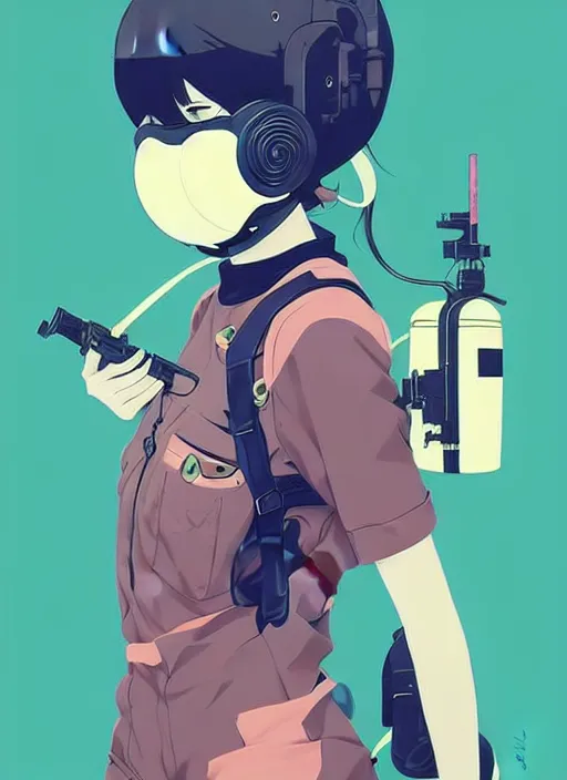 Image similar to singular girl with wearing gas mask, very anime!!! anime!! intricate details, aesthetically pleasing pastel colors, poster background, art by conrad roset and ilya kuvshinov