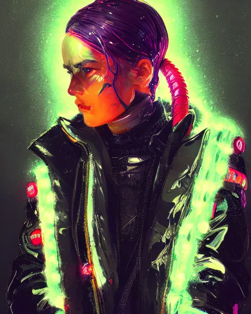 Image similar to detailed side profile portrait Neon Operator Girl, cyberpunk futuristic neon, reflective puffy coat, decorated with traditional Japanese ornaments by Ismail inceoglu dragan bibin hans thoma greg rutkowski Alexandros Pyromallis Nekro Rene Maritte Illustrated, Perfect face, fine details, realistic shaded, fine-face, pretty face