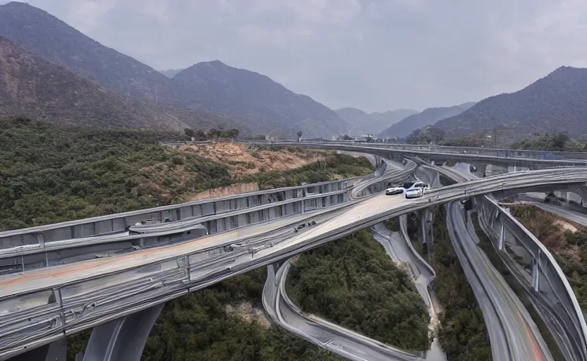 Prompt: valley of chrome, futuristic car driving on elevated highway