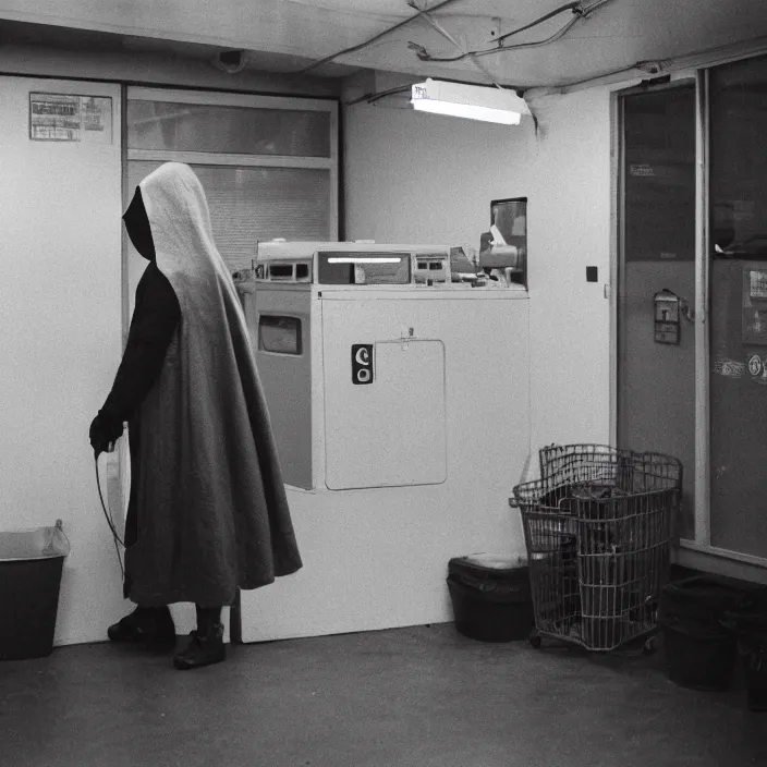 Prompt: a woman wearing a hood made of wire and plastic, in a laundry mat, color photograph, by edward hopper, canon eos c 3 0 0, ƒ 1. 8, 3 5 mm, 8 k, medium - format print