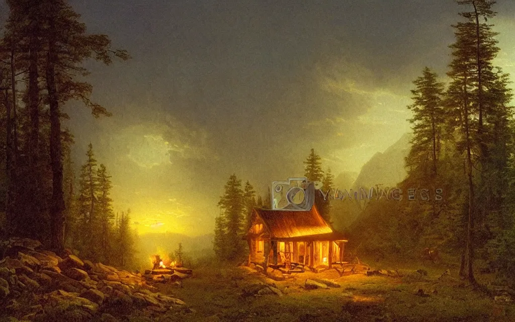 Prompt: small wood cabin with a small campfire on the edge of a forest overlooking a beautiful valley at dusk, cinematic lighting, intricate ink illustration, by albert bierstadt