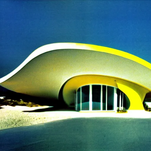 Image similar to architecture ad for a mid-century modern house by the beach, designed by Zaha Hadid. Shell. Film grain, cinematic, colorized, yellow hue