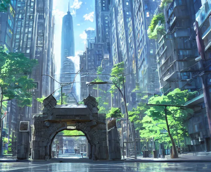 Prompt: A portal gateway in New York city, peaceful and serene, incredible perspective, soft lighting, anime scenery by Makoto Shinkai and studio ghibli, very detailed