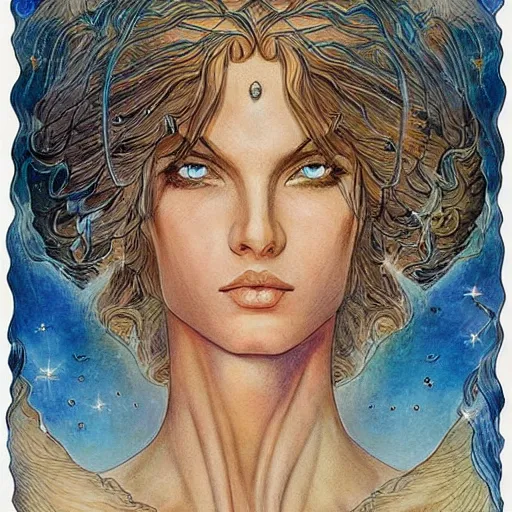 Image similar to most beautiful silk brethren, azure milieu of desert of reality, in the style of william blake, terese nielsen, detailed, intricate, beautiful faces, steve argyle, pastoral fantastic reality