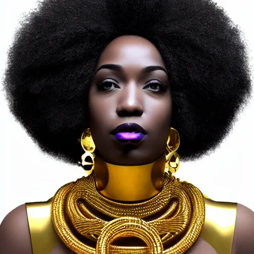 Prompt: afrofuturist woman with gold jewelry, revolutionary art style, 4k