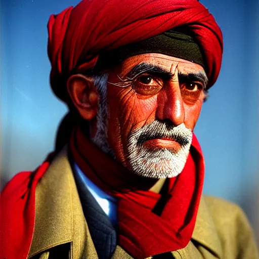 Image similar to portrait of president woodrow wilson as afghan man, green eyes and red scarf looking intently, photograph by steve mccurry