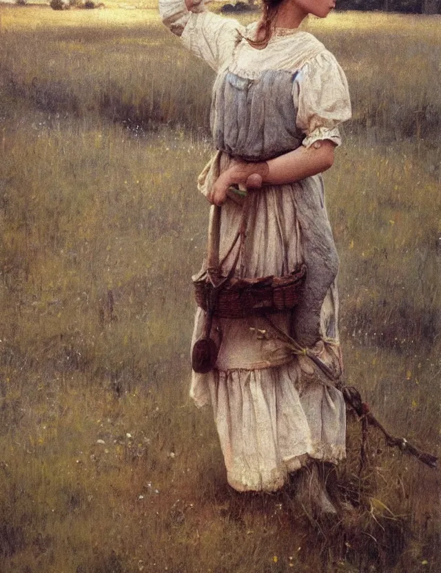Prompt: peasant girl painting on a canvas, cottage core, cinematic focus, polaroid photo bleached vintage pastel colors high - key lighting, soft lights, foggy, by steve hanks, by lisa yuskavage, by serov valentin, by tarkovsky, detailed, oil on canvas
