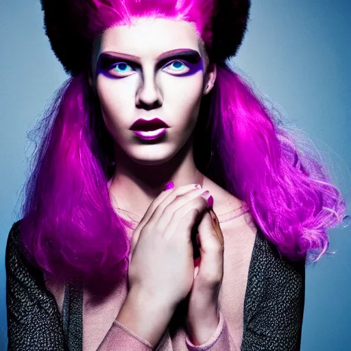 Prompt: a woman with pink hair and purple eyebrows, editorial fashion photography