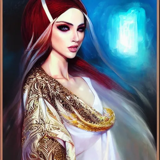 Image similar to a beautiful arabian woman wearing a white kaftan by karol bak, ayami kojima, artgerm, arabian beauty, blue eyes, smile, concept art, fantasy