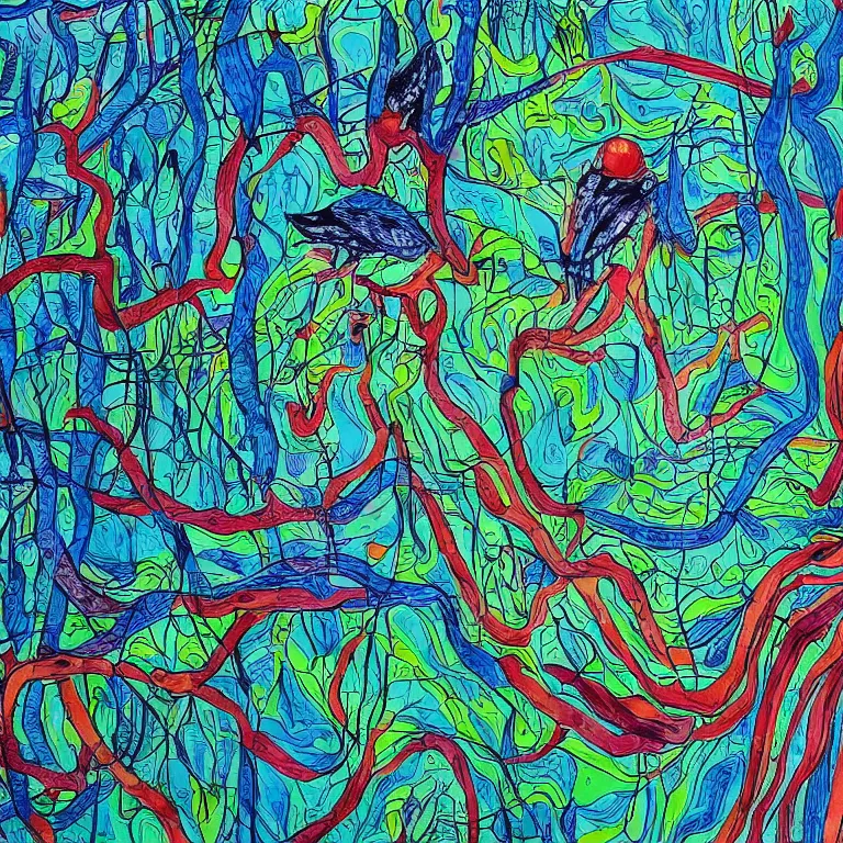 Image similar to human with the sea and the forest inside, veins diverge through the body like rivers filmed on a satellite, a person is decorated with wild berries, a beautiful bird is looking at him next, art brut, colorful picture