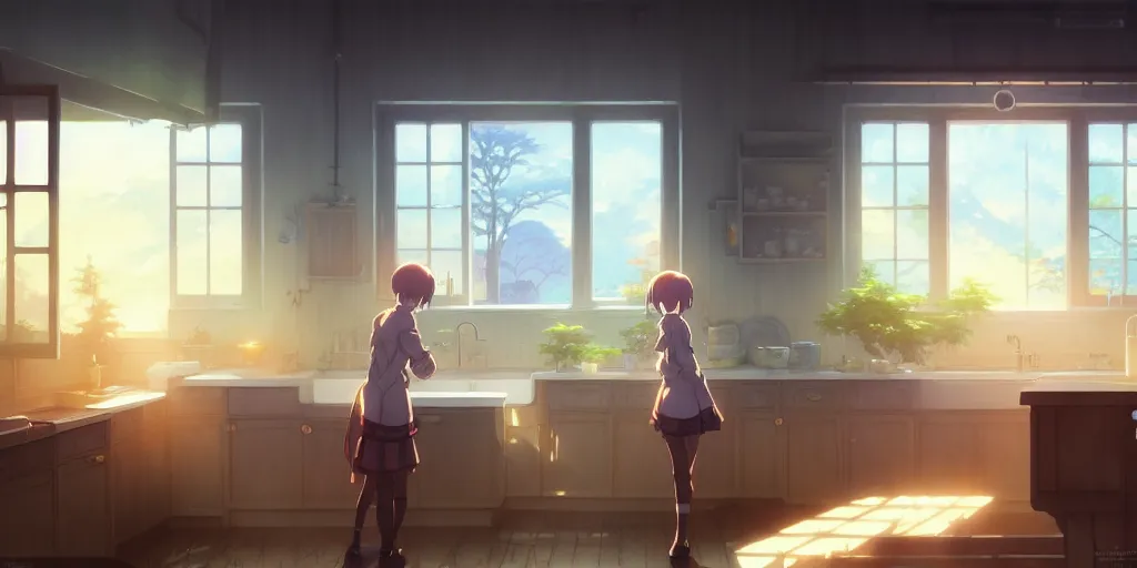 Prompt: interior background art, bright window lit kitchen, morning, steaming food on the stove, wooden floors, houseplants, cottage decor, anime, trending on pixiv fanbox, painted by greg rutkowski makoto shinkai takashi takeuchi studio ghibli, akihiko yoshida