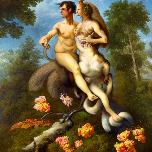 Image similar to a giant squirrel carrying napoleon bonaparte on its back, beach scene with flowers and foliage, detailed oil painting