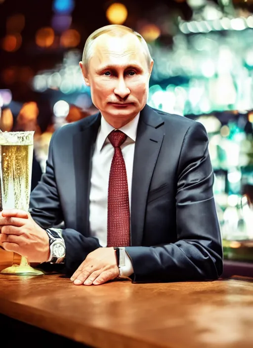 Prompt: a professional photo of person looking like vladimir putin sitting on bar, hand on table, wear watches looking like rolex watches, taken in night club, blur background