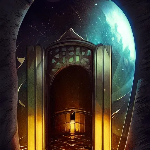 Prompt: elevator to the moon, dreamscape, dramatic lighting, fantasy art illustration, trending on artstation, Aetherpunk