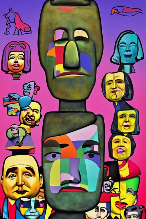 Prompt: caricature cartoon moai statue popart slap face colorful vibrant beeple, by thomas kinkade simpson family art contest alexej von jawlensky, romero britto, mark ryden