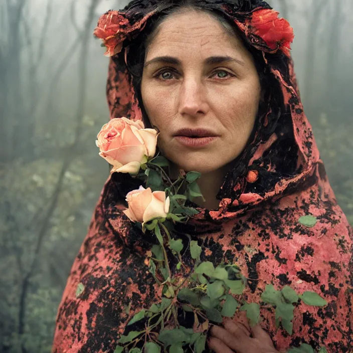 Image similar to closeup portrait of a woman wearing a cloak of roses in a charred, burnt forest, by Annie Leibovitz and Steve McCurry, natural light, detailed face, CANON Eos C300, ƒ1.8, 35mm, 8K, medium-format print