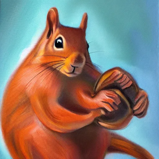 Image similar to oil painting of a muscular!!!! squirrel with bulging!! human!! biceps!!!!, 8 k, high quality