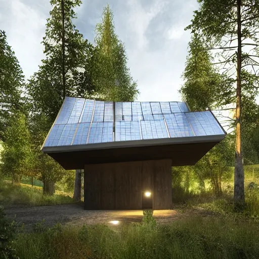 Image similar to solarpunk chapel from the outside in nature, forest and mountains, beautiful lighting, photorealistic, detailed