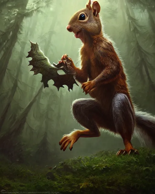 Image similar to oil painting of Anthropomorphized Squirrel attacking a monster, wearing leaf cloak,, sharp focus, fantasy style, octane render, volumetric lighting, 8k high definition, by greg rutkowski, highly detailed, trending on art Station, magic the gathering artwork, magical forest backround, centered