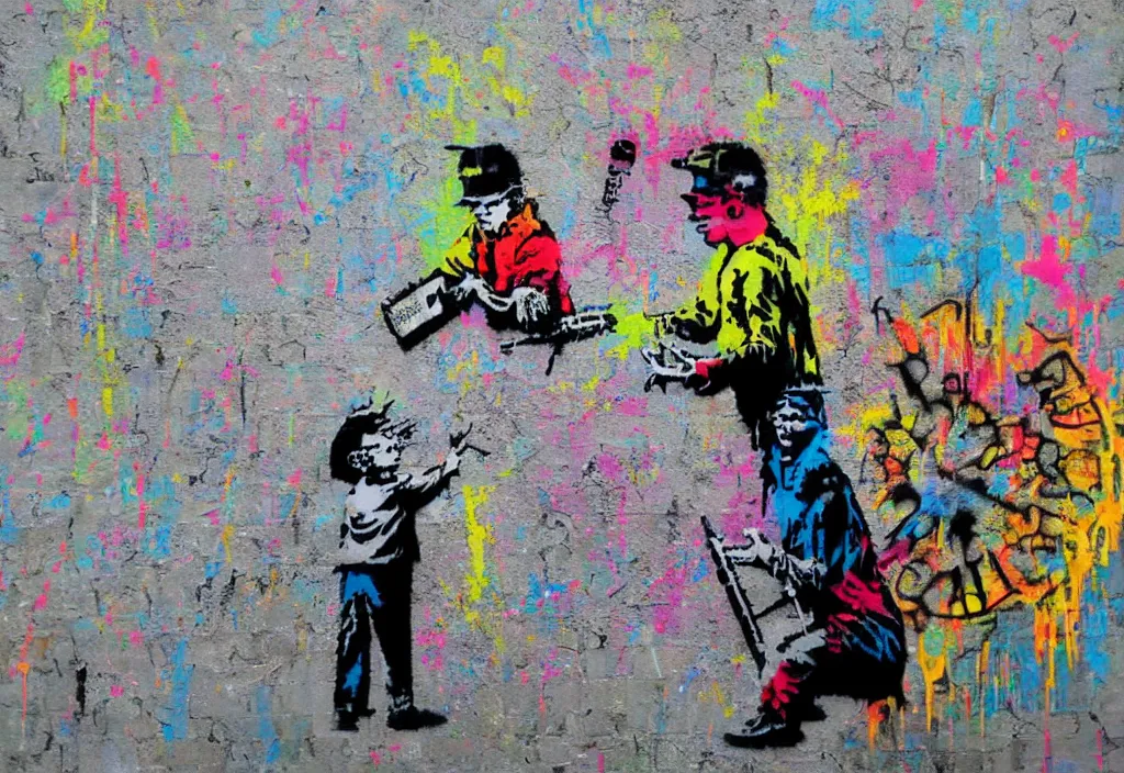 Image similar to full color banksy graffiti anti art, rage against the status quo, detailed, realistic, glitch art effect