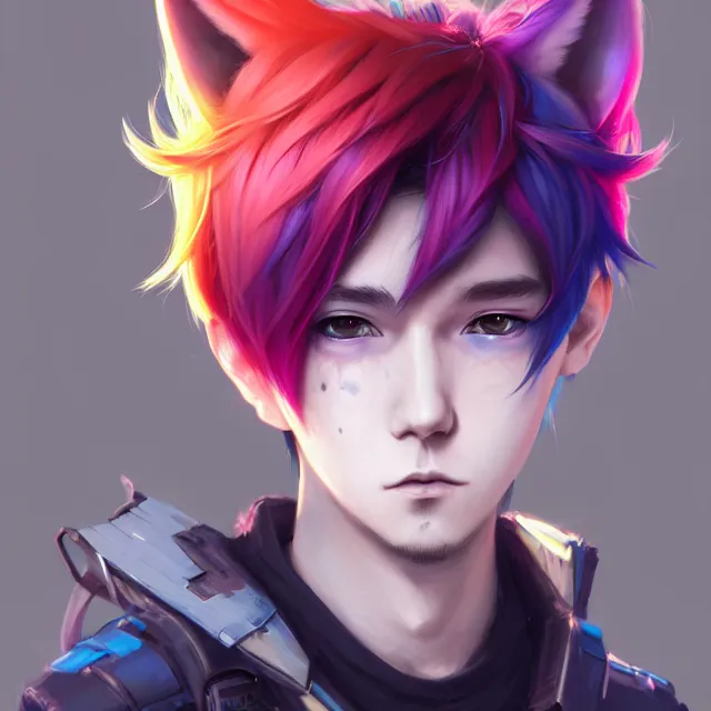 Image similar to character concept art of a cute cyberpunk boy with colorful hair and wolf ears and freckles | | cute - fine - face, pretty face, key visual, realistic shaded perfect face, fine details by stanley artgerm lau, wlop, rossdraws, james jean, andrei riabovitchev, marc simonetti, and sakimichan, trending on artstation