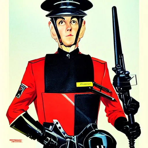 Prompt: a retrofuturistic security officer wearing black helmet and red uniform, vintage, retrofuturism, art by marc davis, marc davis artwork, poster