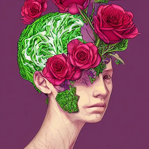 Prompt: the anatomy of a head of lettuce with roses that resemble a beautiful teen girl, an ultrafine detailed illustration by james jean, intricate linework, bright colors, final fantasy, behance contest winner, vanitas, angular, altermodern, unreal engine 5 highly rendered, global illumination, radiant light, detailed and intricate environment