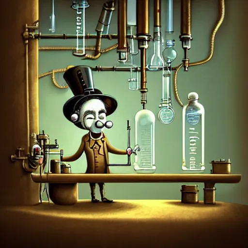 Prompt: steampunk mad scientist Funny cartoonish with test tubes at a science lab, einstein, old mad scientist, by Gediminas Pranckevicius H 704