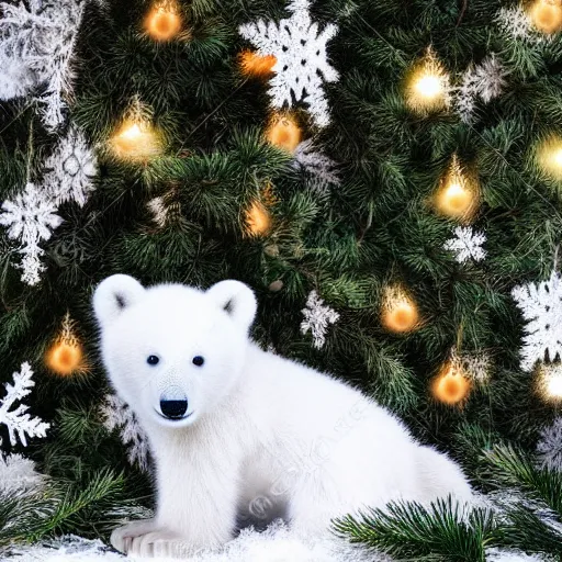 Image similar to cute fluffy white baby polar bear cub sitting in snowy winter christmas tree landscape with holiday lights detailed painting 4k