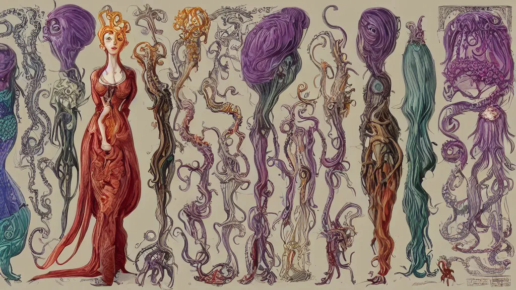 Prompt: highly detailed colorful character sheet for a stocky alien extraterrestrial victorian female servant maid with thick snake - like tentacles instead of hair, long dress with apron, mucha, ernst haeckle, jim henson creature shop, digital art, trending on artstation, hd, 8 k, good lighting, beautiful, rough paper, masterpiece