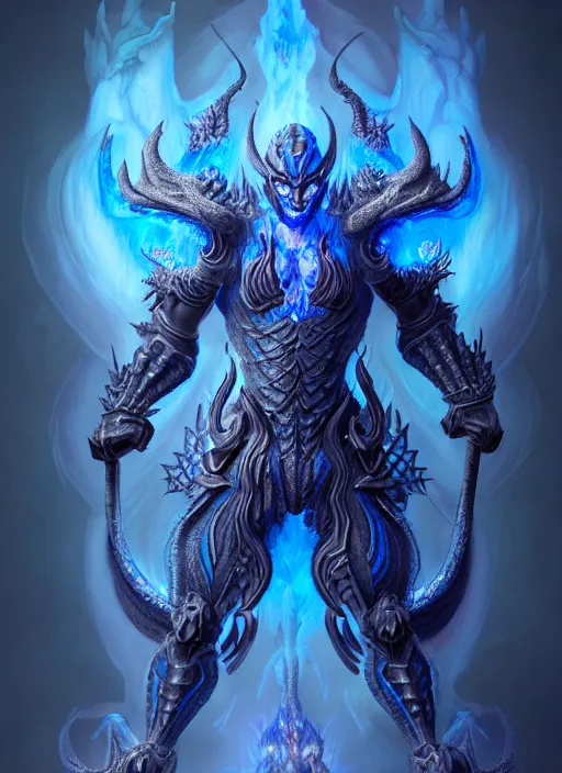 Image similar to muscular and tall blue ghostly fire humanoid dragon!!!! draconian!! intricate ornate iridescent heavy armor!! character concept art, sharp focus, octane render! unreal engine 5! highly rendered!! trending on artstation!! detailed linework!! illustration by artgerm, wlop, and chie yoshii