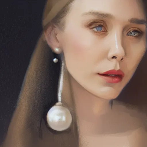 Image similar to Elizabeth Olsen with a pearl earring illustrated by Greg Rutkowski, 4k, 8k, trending on artstation