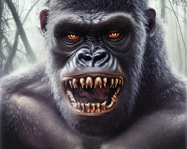 Image similar to 5 5 mm portrait photo of a demonic undead gorilla looking at the camera, in a magical forest, dark atmosphere, art by greg rutkowski and luis royo, highly detailed, 8 k, intricate, lifelike, soft light