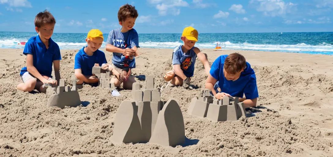 Image similar to robots building 1:1 scale sandcastles at the beach