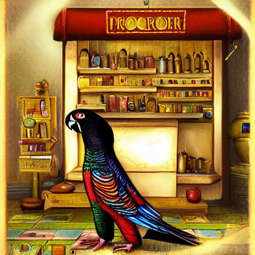 Image similar to Anthropomorphized parrot trader in his shop, selling his wares, portrait, items, gold, magic potions, carpet, window, sly expression , cunning expression, cute expression, long thick shiny black beak, presenting wares, holding a gold bag, D&D, fantasy, cinematic lighting, highly detailed, digital painting, artstation, concept art, smooth, sharp focus, illustration, warm light, cozy warm tint, magic the gathering artwork, volumetric lighting, 8k, art by Akihiko Yoshida, Greg Rutkowski